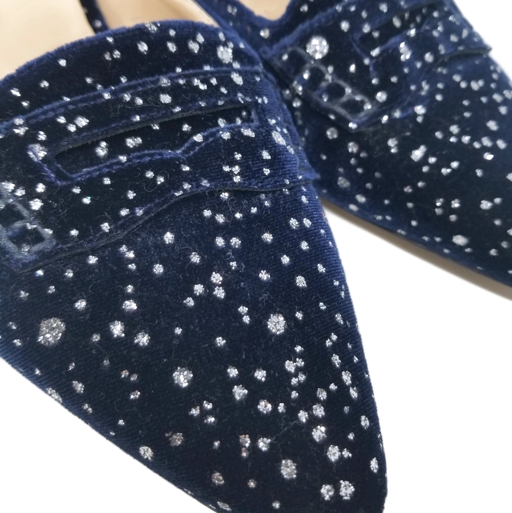 J Crew Velvet Glitter Speckled Loafer Mule Navy 9 - Picture 2 of 9